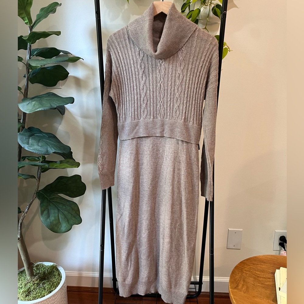 Tahari Taupe Cable Knit Midi Dress